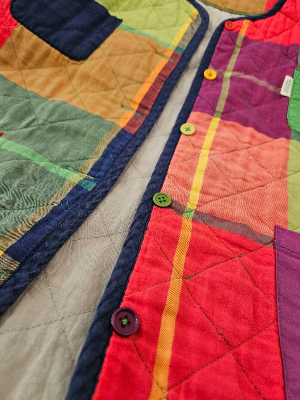 Vintage Benetton Rainbow Patchwork Quilted Colorblock Plaid Liner Jacket M/L - Picture 7 of 13